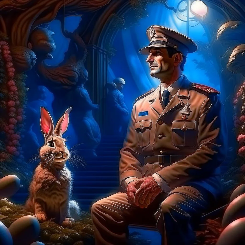 Broadway portrait of french macho gestapo army officer on a ladder inside glowing mushroom grove with huge fluffy space rabbit, 4 k, down-light, soft light, depth of field, photo realism, trending on art station, high detail, spray paint