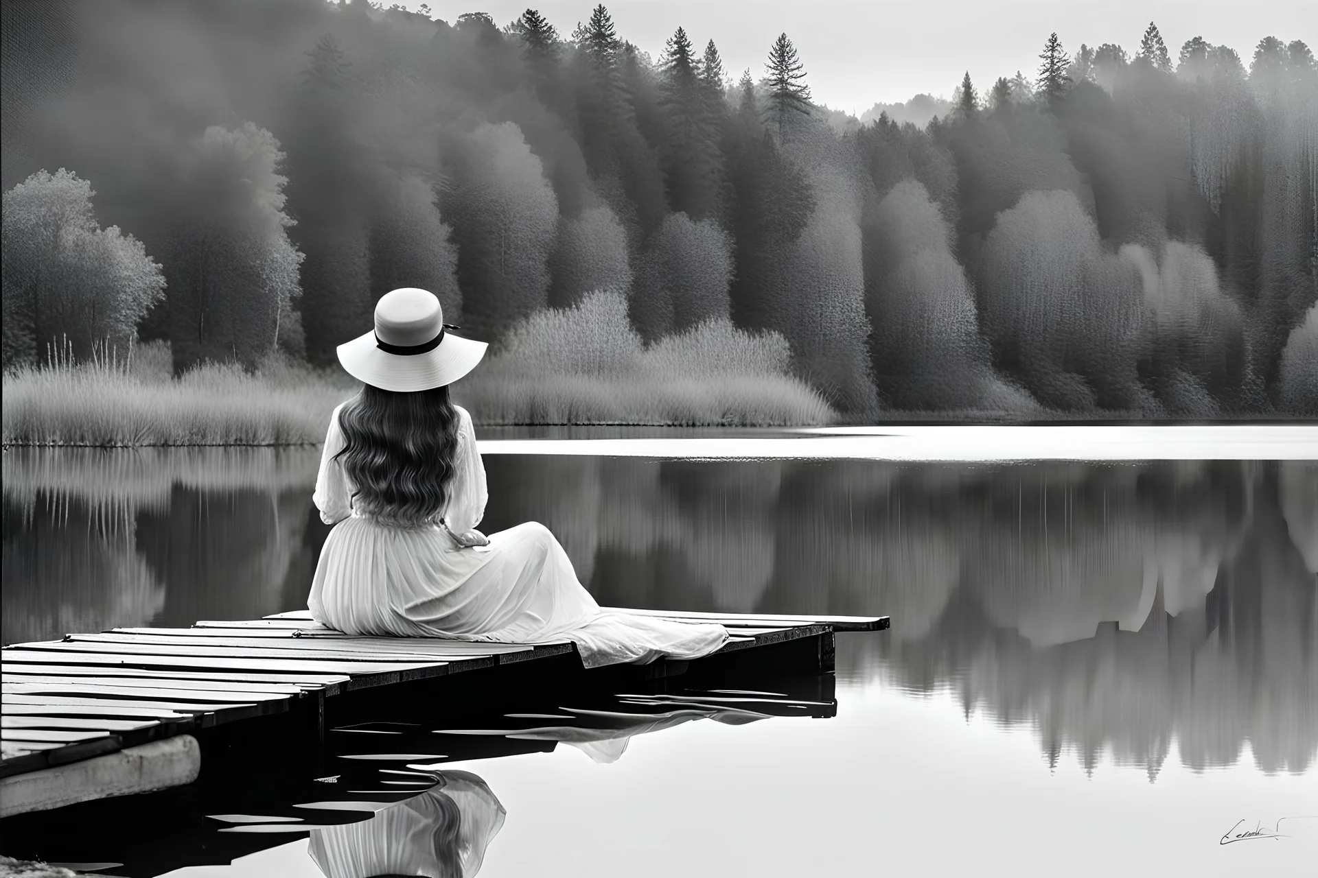 A long hair nice woman in a long vintage dress and hat sitting on the edge of a lake dock looking into the water, her reflection in the water, pale colors, black and white colors, peaceful mood, minimalist background, watercolor, style by Waterhouse, Cezanne, Jian Wu, Claude Monet, Christine Misencik-Bunn