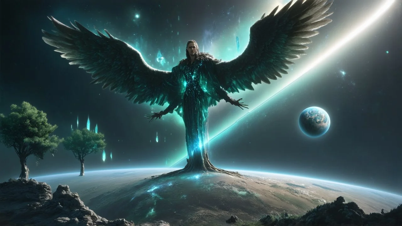 matrix universe, space, planets, god creation, angels from other dimensions with beautiful wings, trees on the planet, behind green crystals of light, few tiberium monolith deposits on the planet near tree,