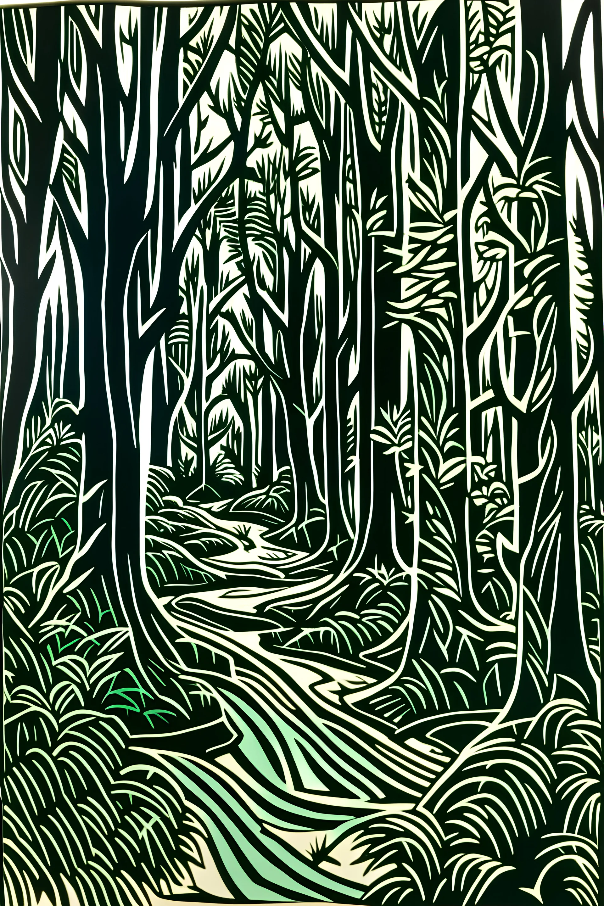 Linocut winding path through woodland