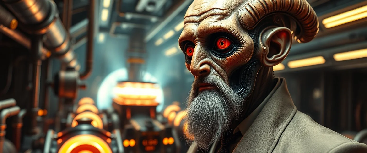 alien gentleman wise man portrait, with background— Fuel-to-Light Reactors “Futuristic micro-reactor using Zephyrium and Luminite, releasing controlled light and energy pulses, sci-fi engine room, glowing plasma tubes, high-tech industrial aesthetic, cinematic perspective, ultra-detailed and dramatic lighting.” painted by Rembrandt and Escher