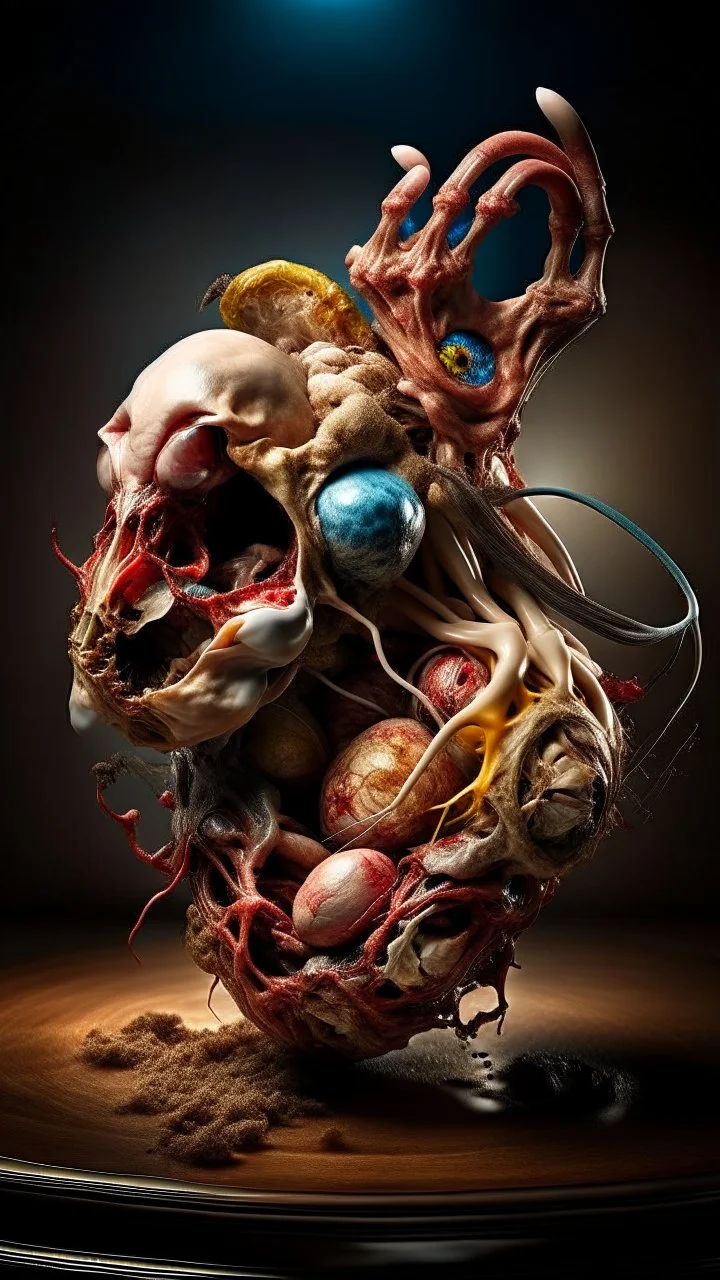 A Bosch vs Dali style photorealistic photo of a mangled embryo wearing a Himalayan shaman mask, wrestling itself, anatomically fragmented, ripped apart again being flayed, skinned alive beating heart, muscles, blood vessels, bowels, entrails, capillaries, oozing puss are exposed. Visceral anatomy. physiology. hallucinations. mythology. grotesque.