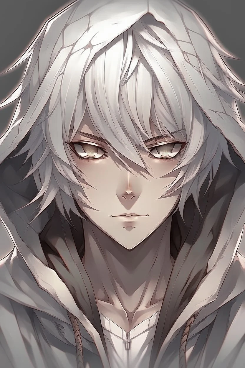 Anime man in hood messy white hair realistic