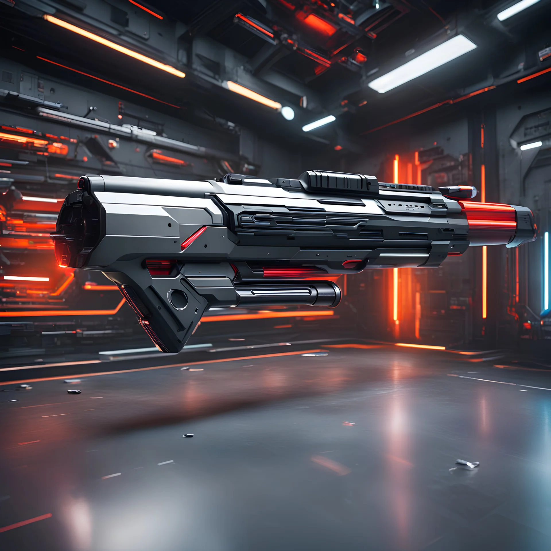 futuristic space gun inside a high tech armory: darts