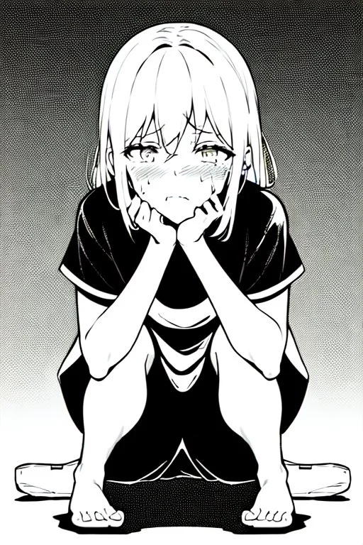 little blonde girl cries crouched down, grayscale