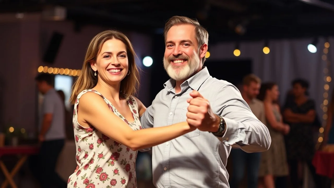 A man and a woman in their thirties are swing dancing