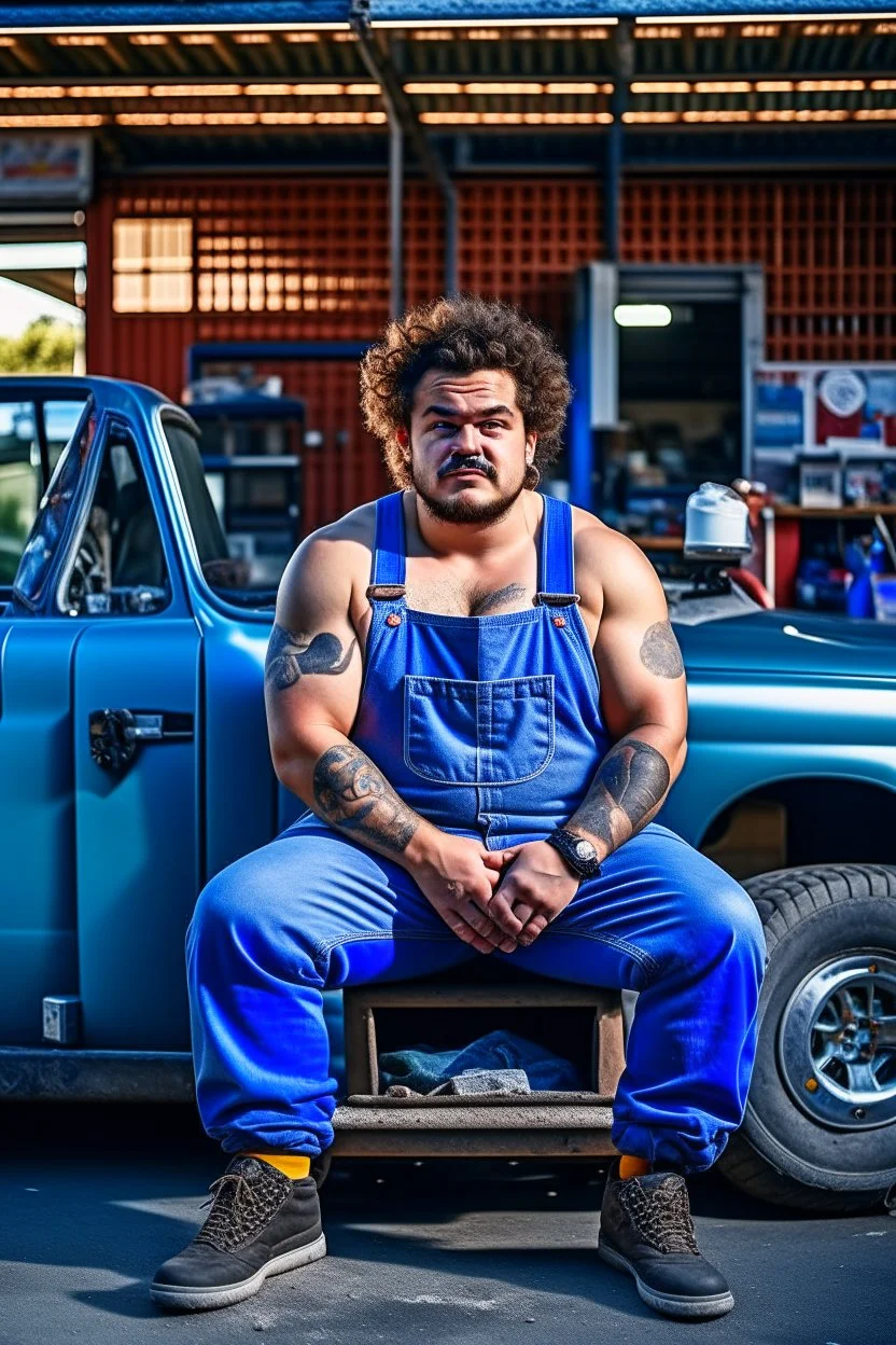 full figure shot photography of a short ugly hefty burly dirty chubby hairy angry man italian 26 years old, short curly hair, shirtless, tattoo, manly chest with bulging opened overalls, angry eyes, inside a mechanical workshop under the sun sitting on the hood of a car, open legs, photorealistic, ambient occlusion, side light , frontal view from the floor