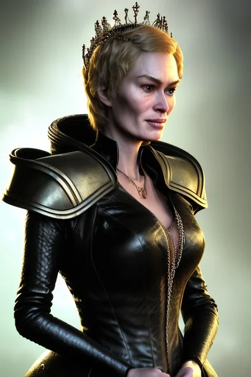 Cersei Lannister as evil queen in black leather coat, busty, cleavage, voluptuous, lena headay, angry, stern look. character design by cory loftis, fenghua zhong, ryohei hase, ismail inceoglu and ruan jia. unreal engine 5, artistic lighting, highly detailed, photorealistic, fantasy