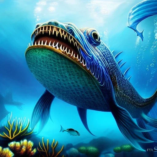 ultra detailed fullbody portrait of Sea monster underwater, extremely detailed digital painting, intrincate, extremely detailed face,crystal clear Big eyes, in the style of Simon Bisley, mystical colors , perfectly centered image, perfect composition, rim light, beautiful lighting, 8k, stunning scene, raytracing