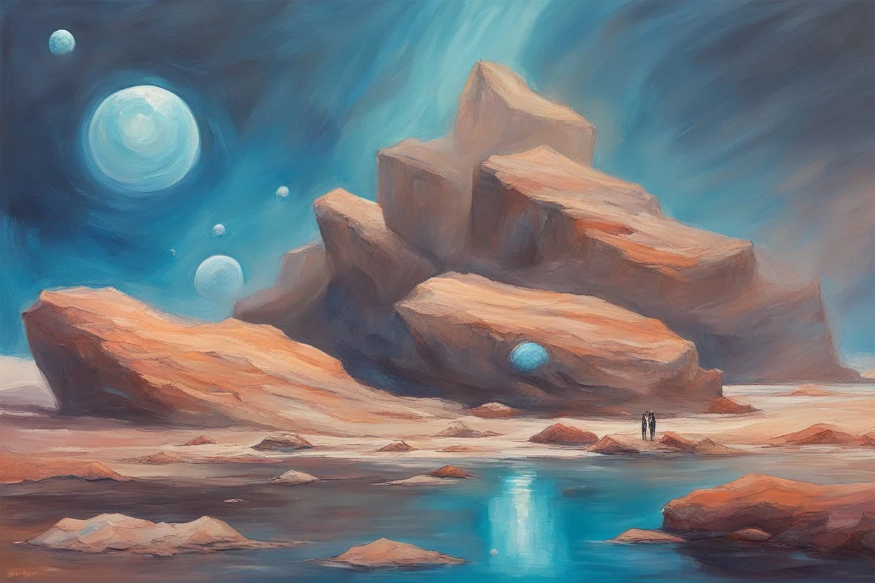 rocks, lagoon, space, very epic, concept art, new age influence, cosmic and philosophic influence, trscendent, jenny montigny and anna boch impressionism painting