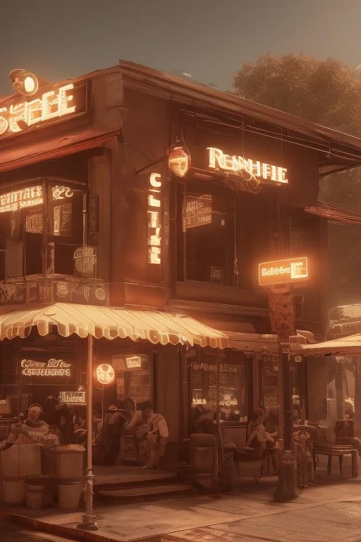 A sepia (((retro coffee house))), with vibrant colors, featuring a and a that exudes an era of youthful rebellion and iconic style