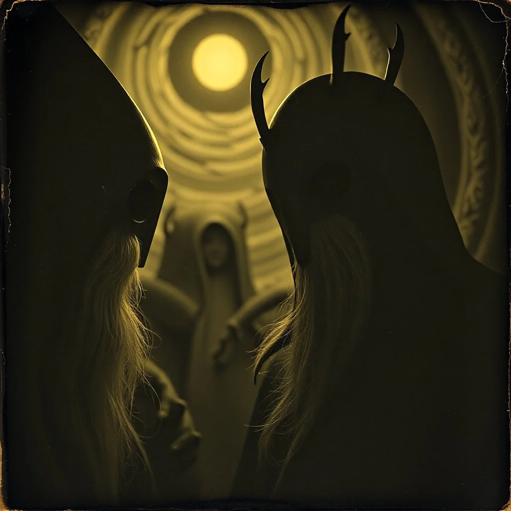Daguerrotype close up some mysterious figures, odd background, Hieronymus Bosch Max Ernst ambient light, by Minicavio Quollati and Marlost Endgulp, Amano, Botticelli, Alphonse Mucha