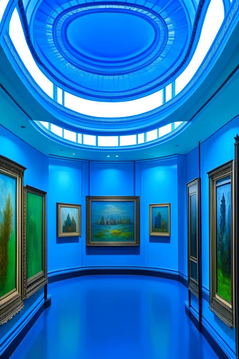 A museum for displaying paintings whose side walls are oval and made of blue glass