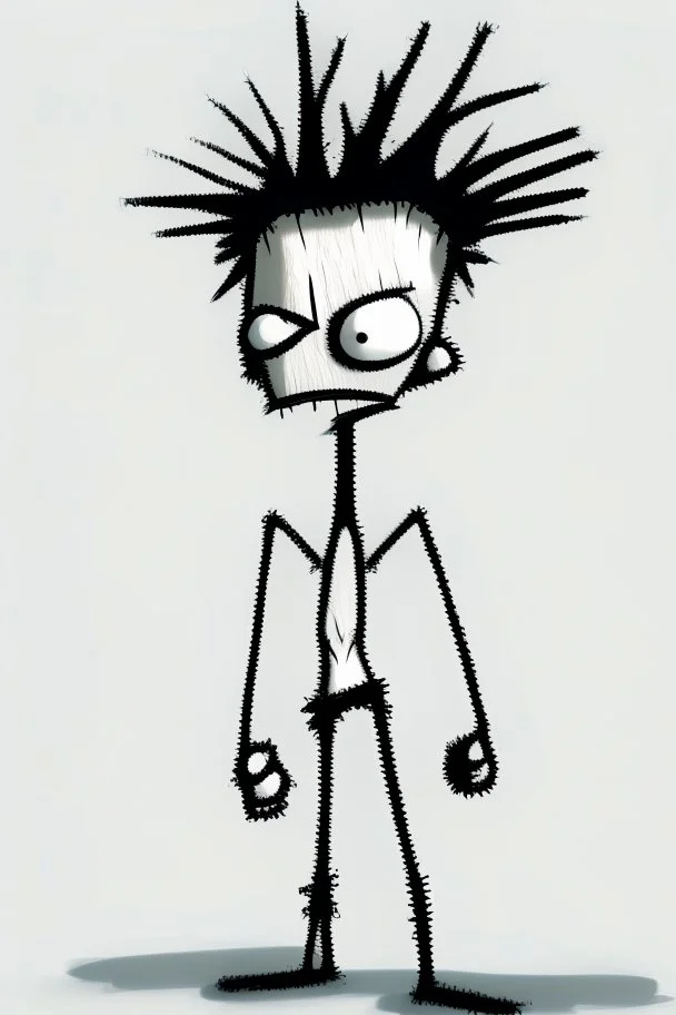 2d drawing of a stickman, cool with punk hair, x eyes like in hangman, no shirt and only dressed in a white towel, hands on hips, 3d realistic in colour