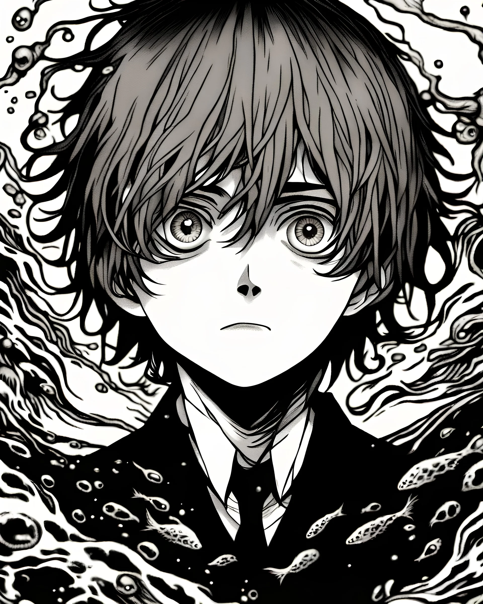 A young man under water with dark world all thing around him Black like anime junji ito manga Black and white
