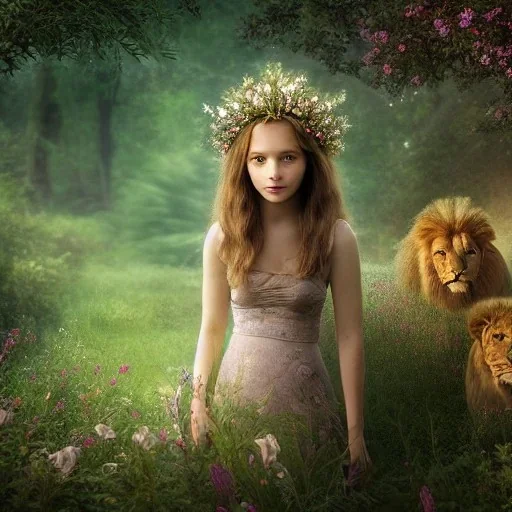 Young beautiful girl next to majestic, stunning lion on nature forest path, floral crown on girl, Chronicles of Narnia, 8k resolution, high-quality, fine-detail, iridescent, intricate, digital art, detailed matte, volumetric lighting, beautiful, illustration, 3D octane render, brian froud, howard lyon, selina french, anna dittmann, annie stokes, lisa parker, greg rutowski,