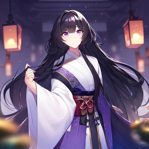 Clear focus,High resolution, black long fluffy hair, long fluffy bangs, purple eyes, wearing a kimono outfit, wearing a short skirt,