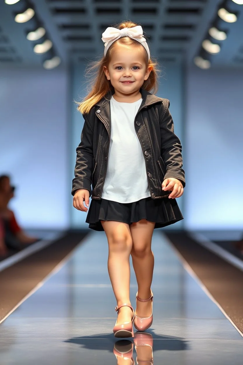 2 years old very fat baby girl with clothing like fashion model with pretty high heels in runway