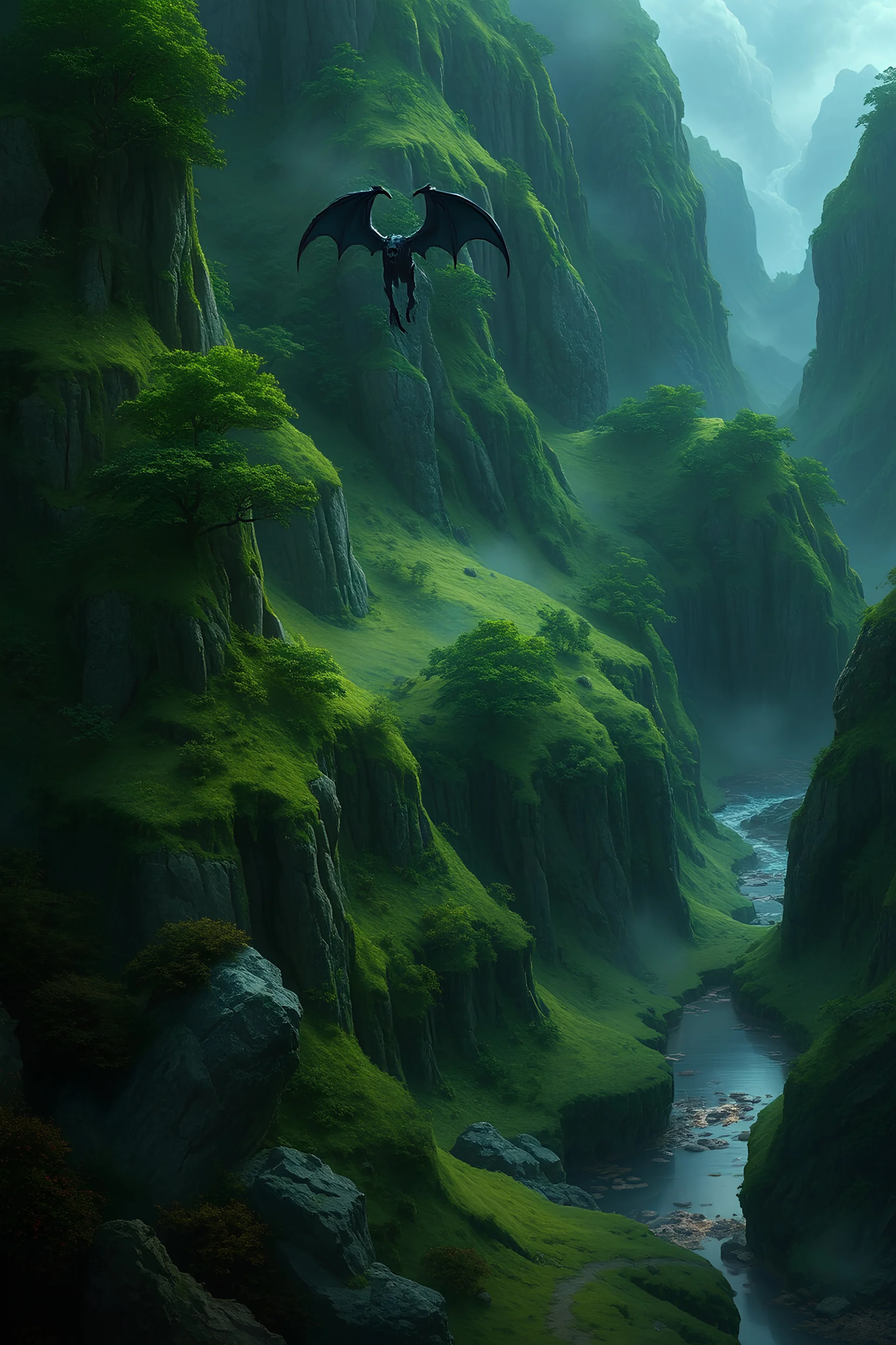 epic fantasy landscape mostly lush green with small area of dark evil swampland on one side