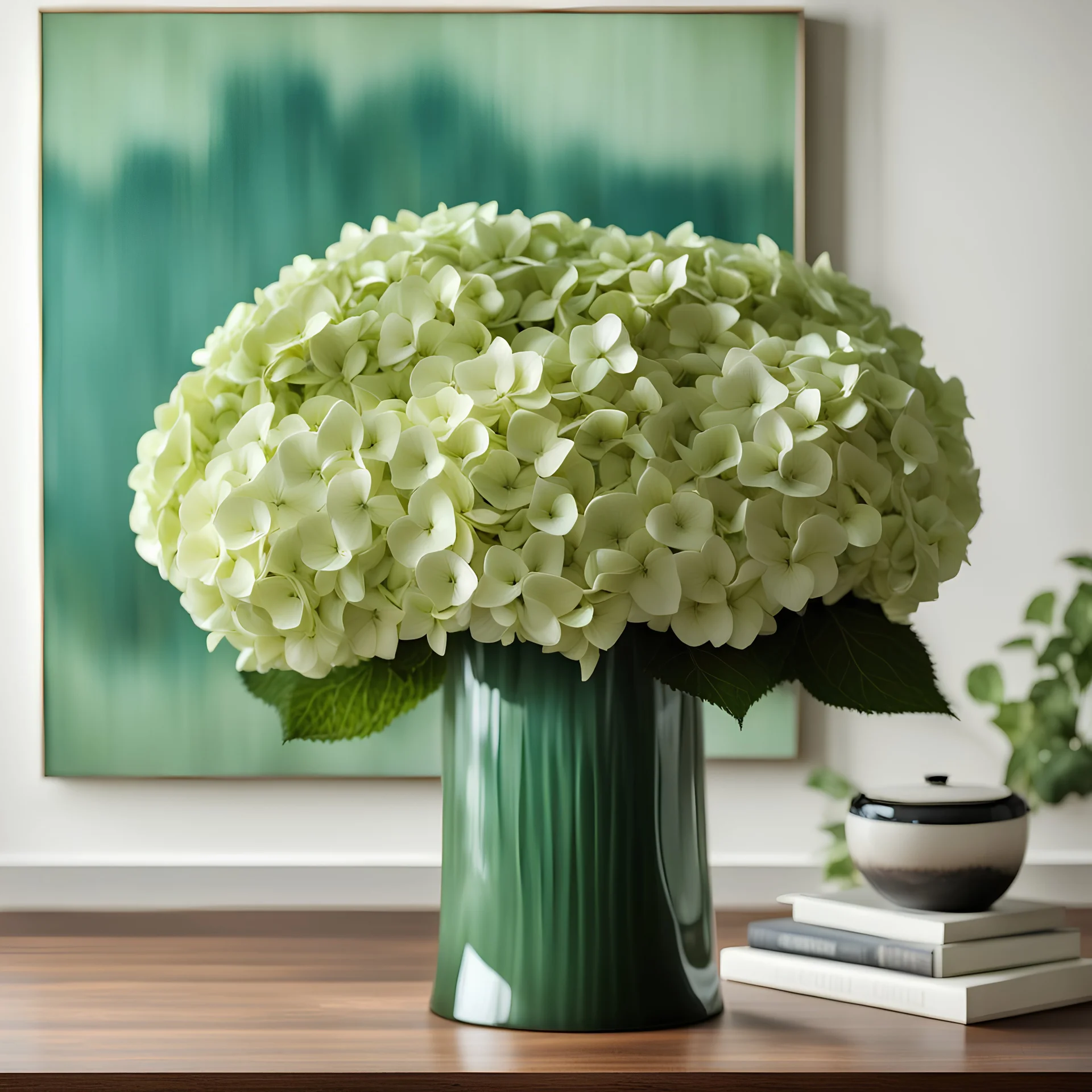 Huge bouquet of hydrangea in light green and dark green color ,in a white stylish ceramic flower vase on a Wood table with a modern painting behind on the wall