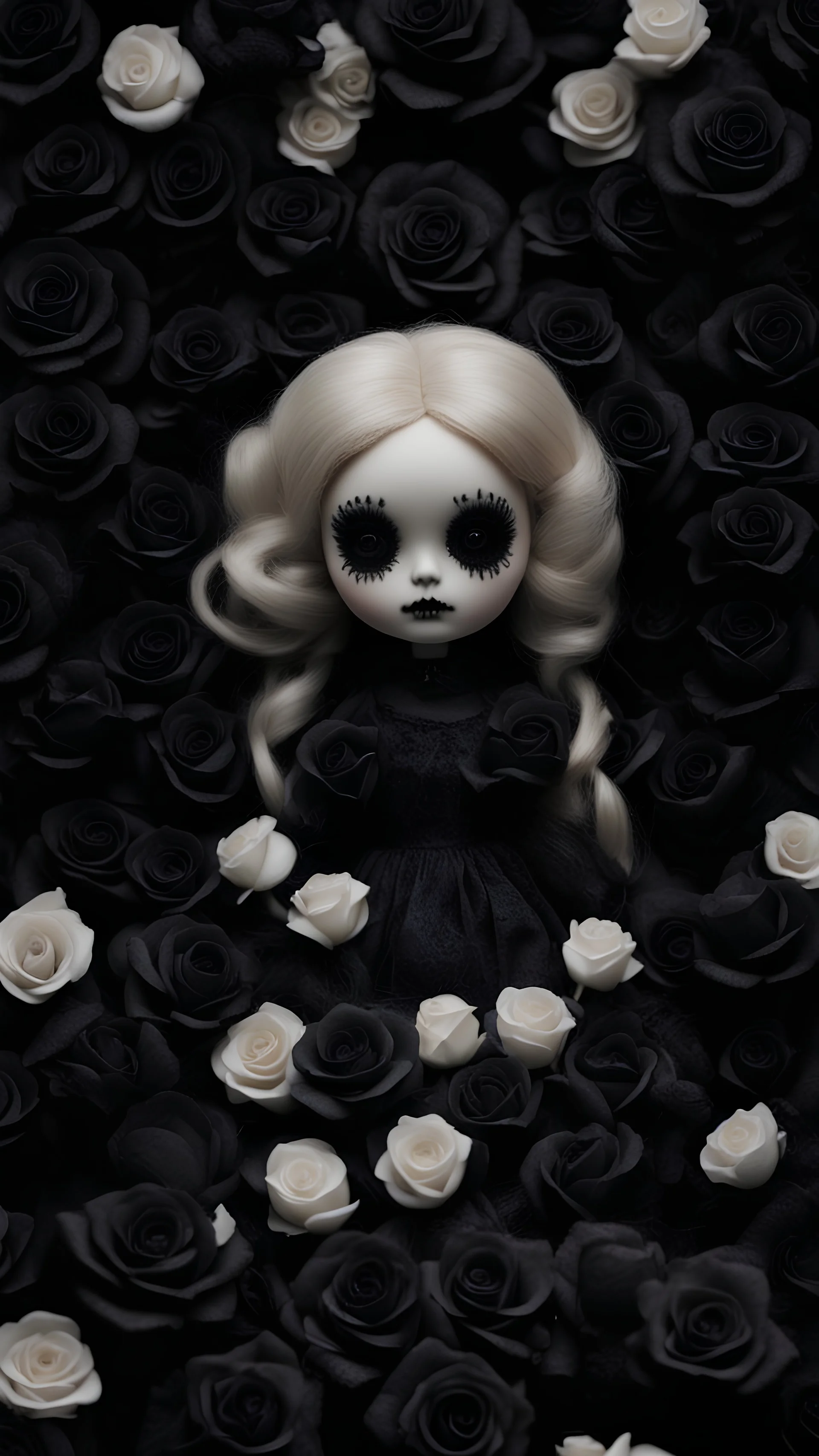 A creepy doll surrounded by black roses on a black background.
