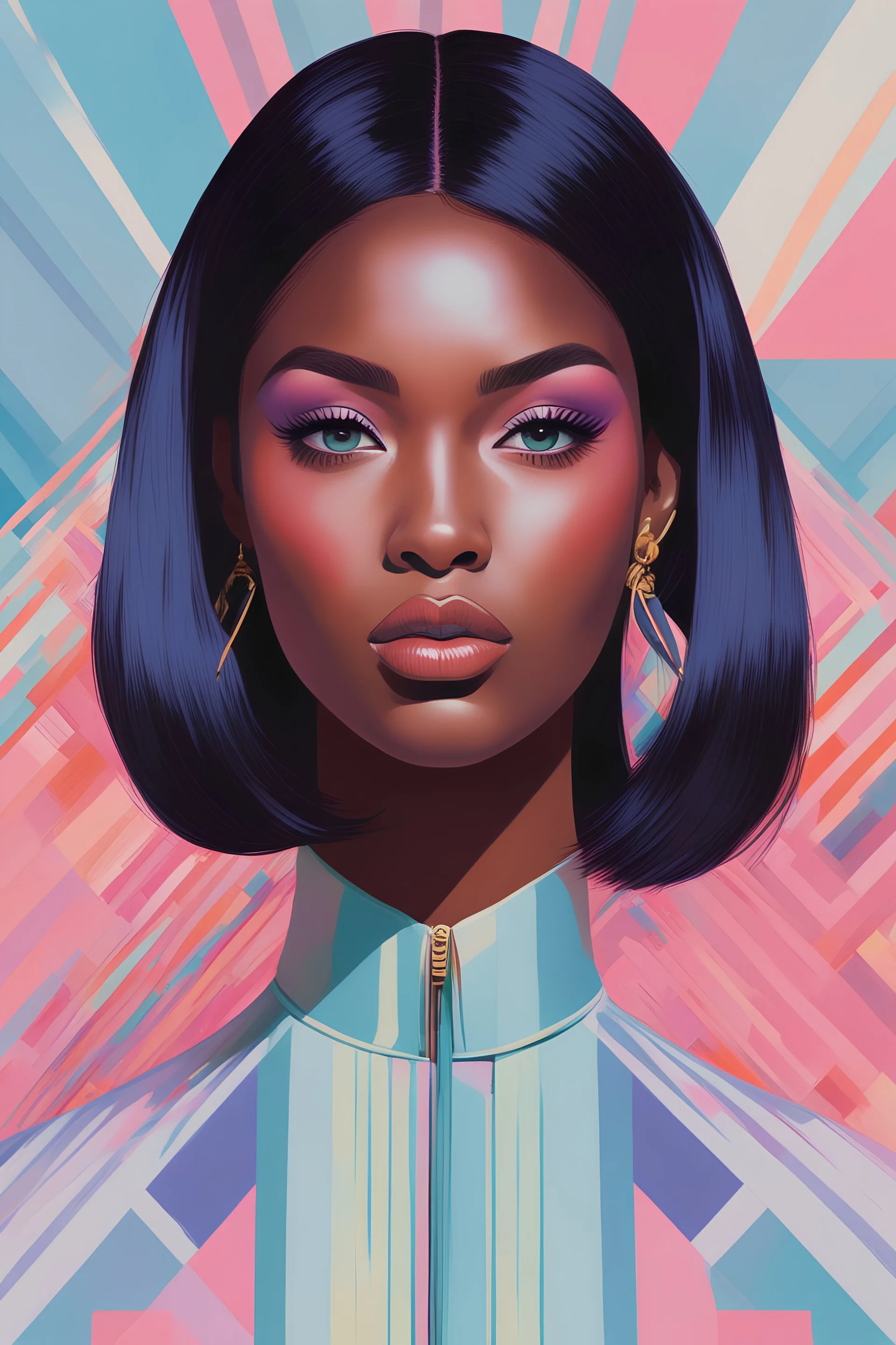portrait of justine skye, environment map, abstract 1998 air hostess poster, portrait of shiny straight black hair, no makeup, intricate stunning highly detailed, op art, pretty pastel colors, hypnotic, art by Victor Moscoso and Bridget Riley by sachin teng x supreme, dark skin, full lips, light pink, baby blue, pale pink, lavender, round face