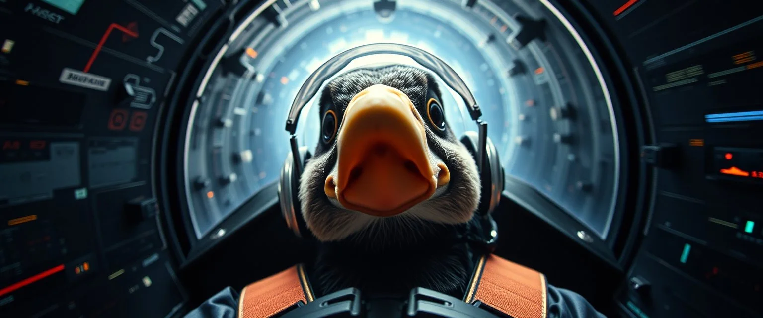 space warp crash pilot ,weird experiment gone wrong perspective close up portrait of dj platypus duck pilot looking down on cam, with background in the style of escher and giger, a chill contrapunctus fugue in the style of fsol, beethoven, goa trance breaks, dancefloor drum and bass,
