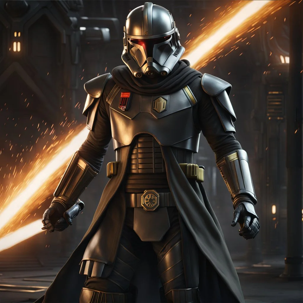 star wars bald male corellian pilot wearing pearlescent black and gunmetal grey First Order special forces heavy assault stealth commando armor and helmet with gold trim inside the jedi temple, hyperdetailed, dynamic lighting, hyperdetailed background, 8k resolution, volumetric lighting, light skin, fully symmetric details