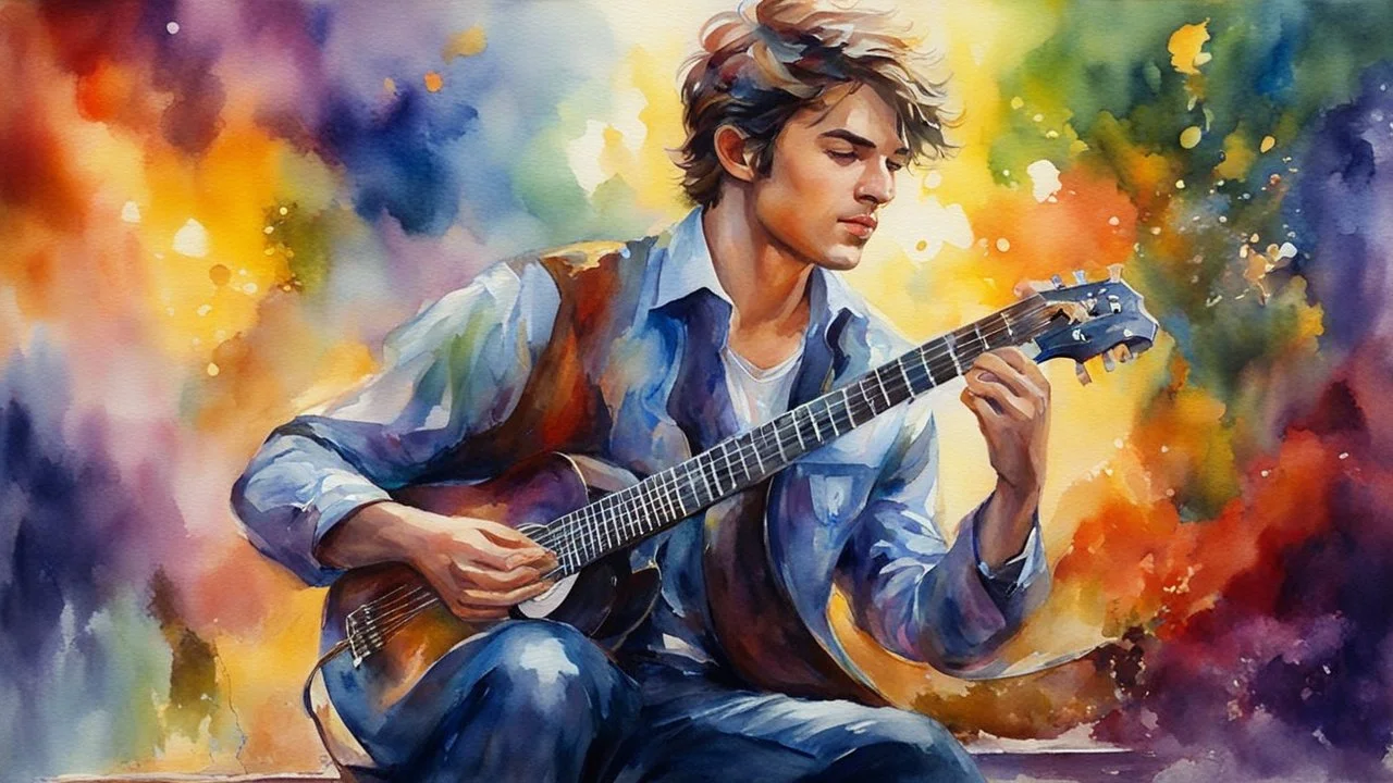 watercolor, impressionism, alcohol oil painting, handsome young man playing guitar, 32k resolution, hyper-detailed, fine details, fine rendering, airbrush strokes, 8k resolution concept art, hyper-detailed, intricate detail