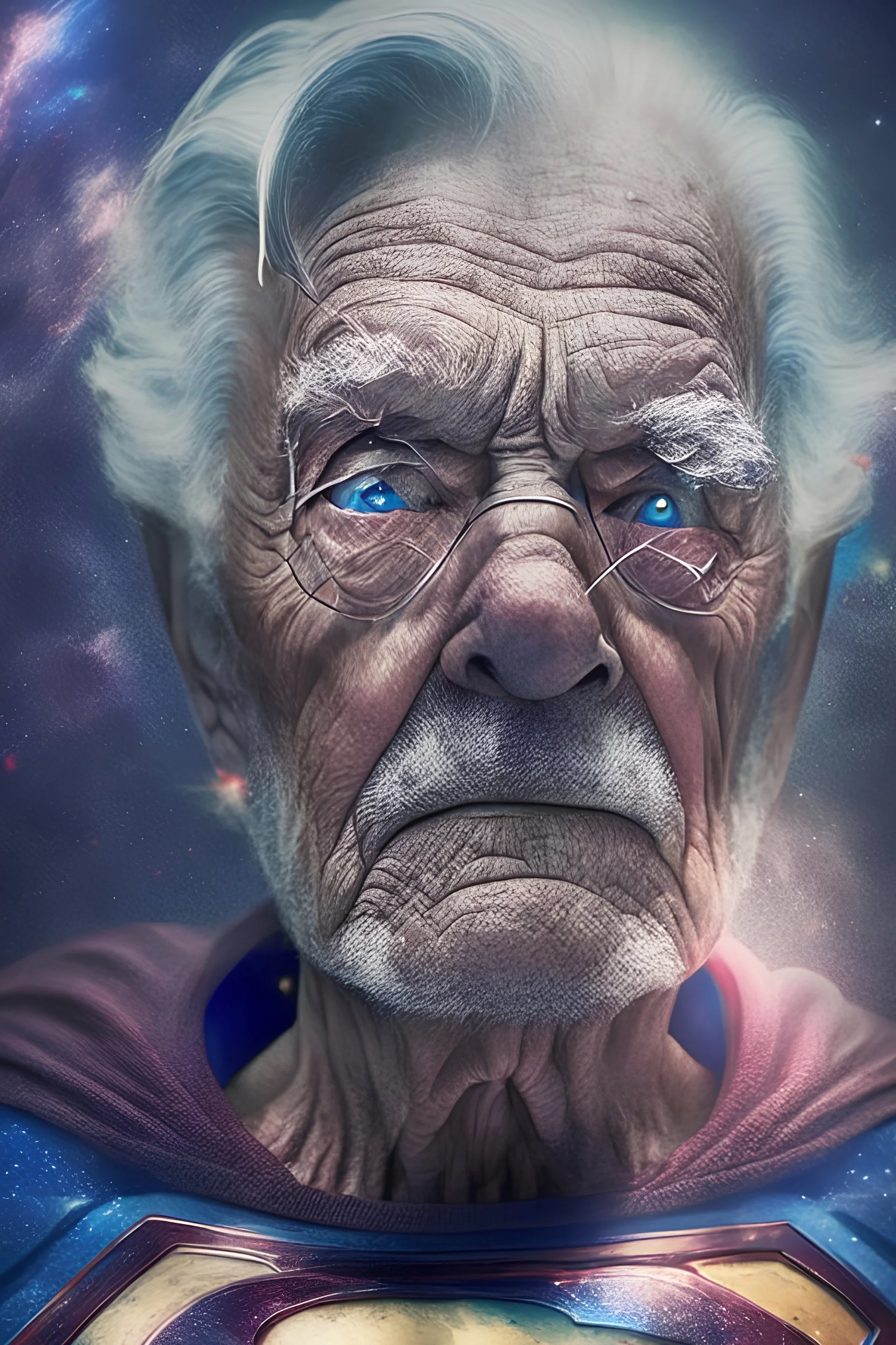 an old man with big gray eyes waring superman custom flaying in galaxy background