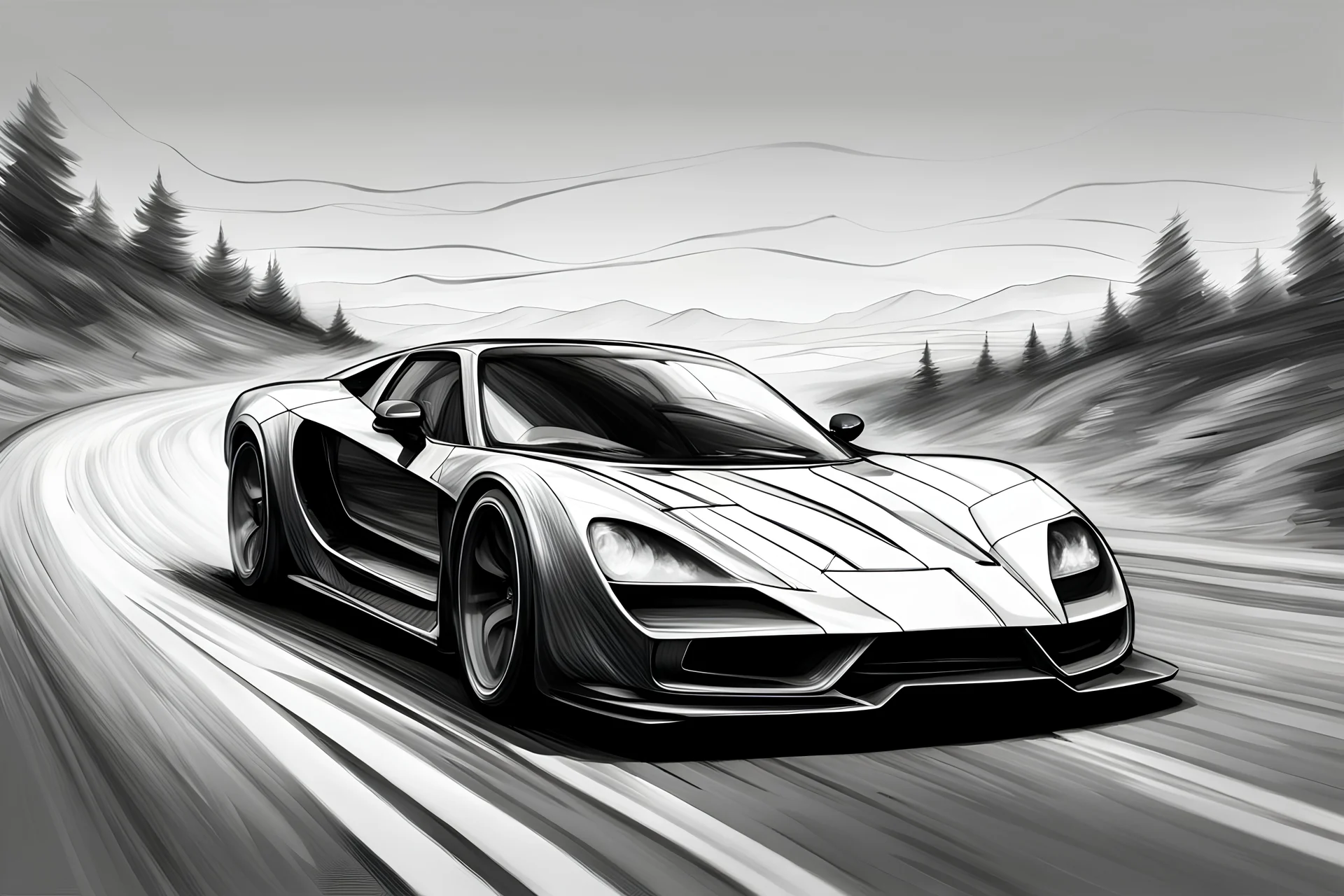 generate an image fast car on the On a somewhat bumpy road outside like a draw minimal style black and white pencil style.
