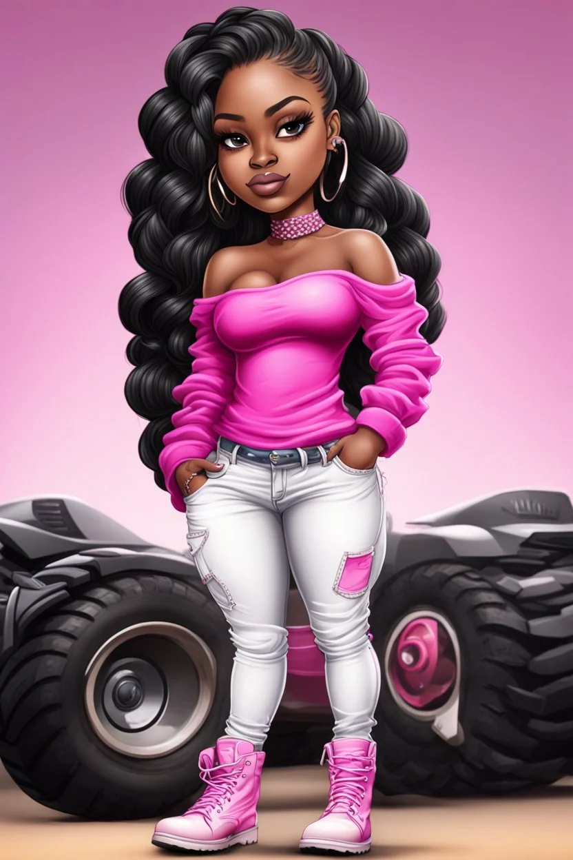 Create a digital airbrush cartoon of a curvy African American chibi female wearing tight white jeans and a off the shoulder hot pink blouse. She is also wearing timberland boots. Prominent make up with hazel eyes. Highly detailed very long extremely braids of black hair. Her skin is smooth and silky. Background of a track of ATV riders.