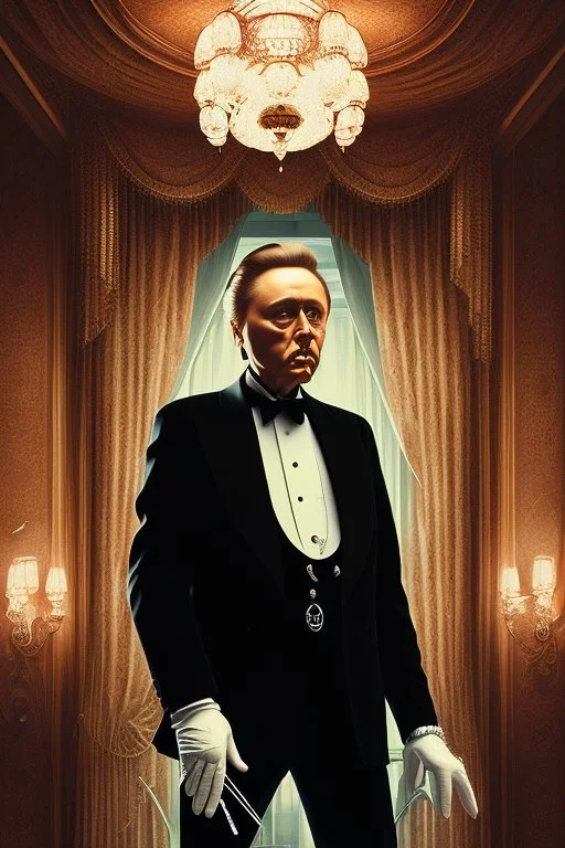 christopher walken as the mafia godfather wearing gloves, balcony on casino top floor, 4k, trending art, weird perspective, realism, spray paint, detailed