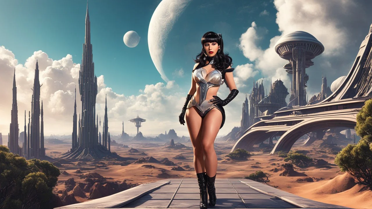 Photorealistic, full Body Photo Of An Exotic Sci-Fi Pin-Up Girl, With dark Hair with Bangs, on an alien Planet With Cloud Trees, Tall Spires, Buildings, Bridges, Arches