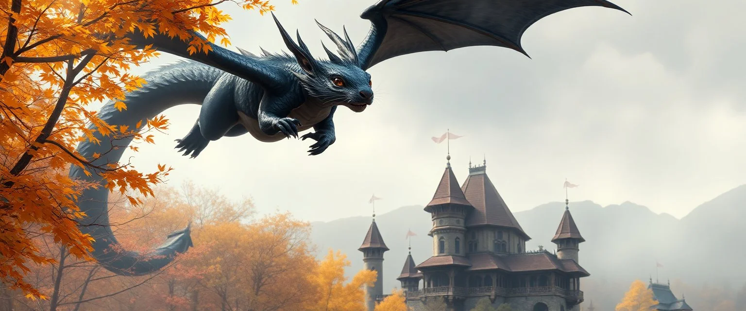 portrait of a shiny black dragon squirrel in autumn, flying above wooden castle, breathing smoke