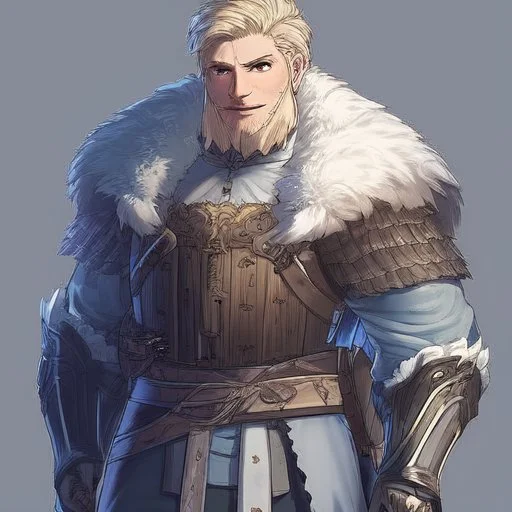 A nord male battlemage from Skyrim, partial steel nordic armor, blond hair of medium length, hearty, smiling, thick short beard, white snowy mountainous background