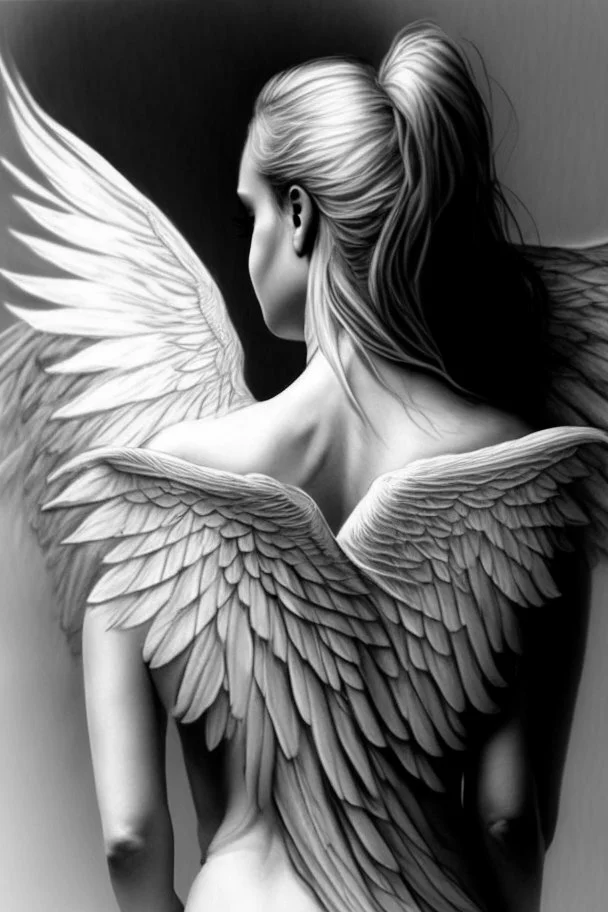 woman angel from back wings coming from back of her shoulders ultra realistic drawing