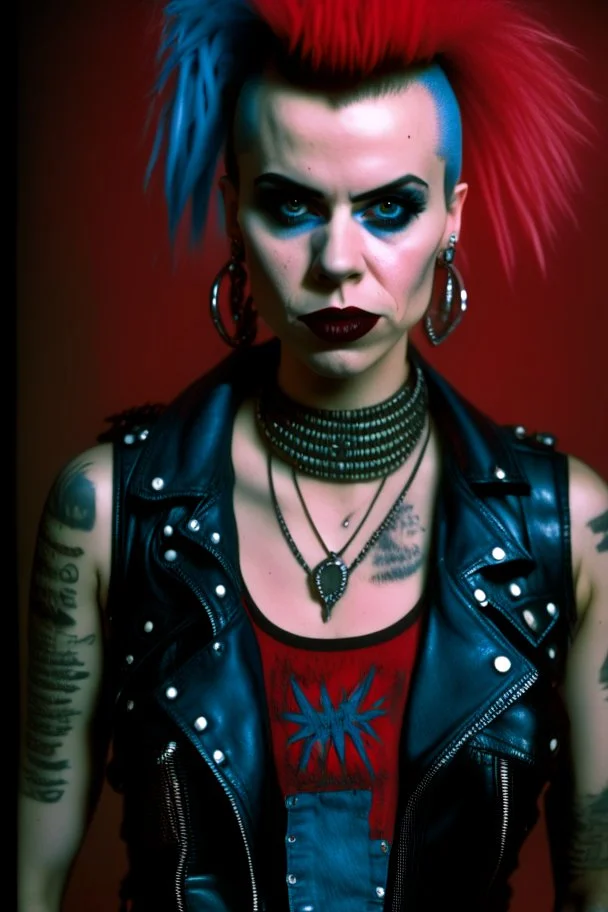 photo of a beautiful Polish young punk woman taken by a Mamiya M645 camera with portrait lens on colour medium-format film, red lips, blue eyes, red mohawk, black leather jacket, Ramones style, heavy boots, fishnet stockings, torn t-shirt, nosering, few earrings, belly ring