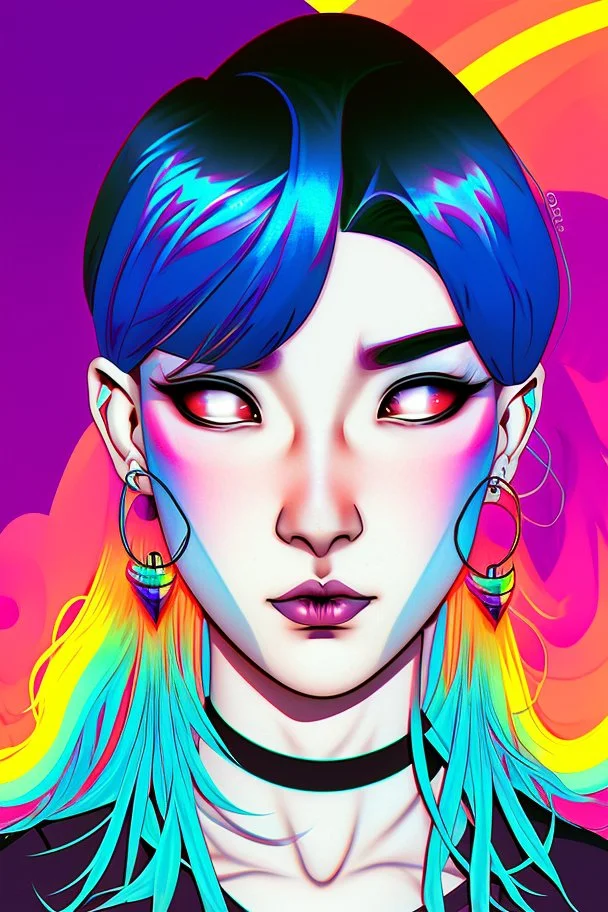 Asian androgynous girl, in detailed 80's graphic novel illustration, piercings, rainbow hair, androgynous look, epic colour treatment, cinematic colour treatment