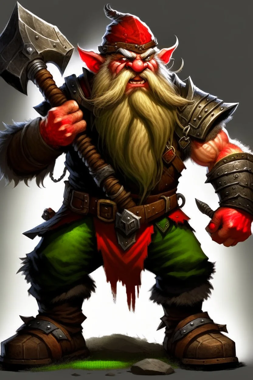 gnome warrior enraged fury berserker fantasy barbarian armored wild savage angry axes cleaver attack striking swinging chopping dual wielding two weapons mad consumed warcraft war knight soldier strong attacking furious wrath small silly