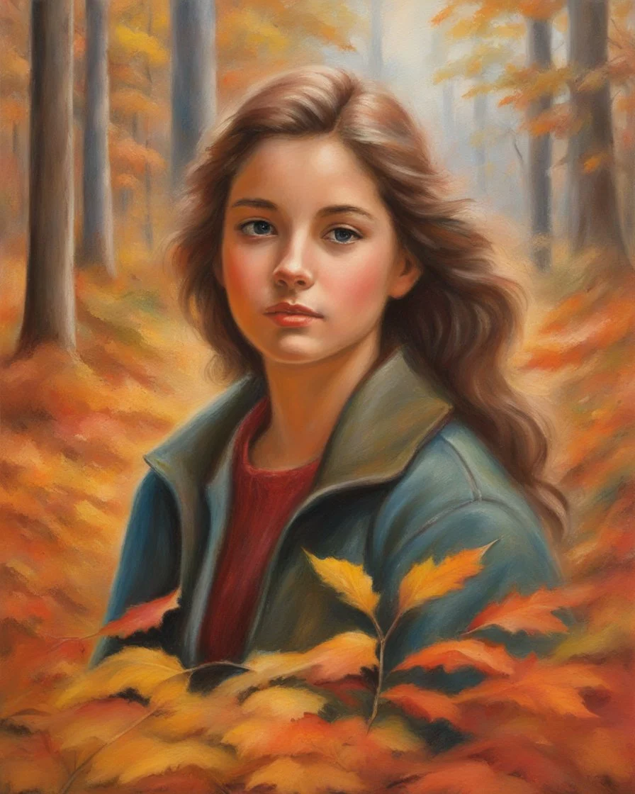 Painting of a girl in an autumn forest, oil pastel style, fine detail, by Thomas Kinkade