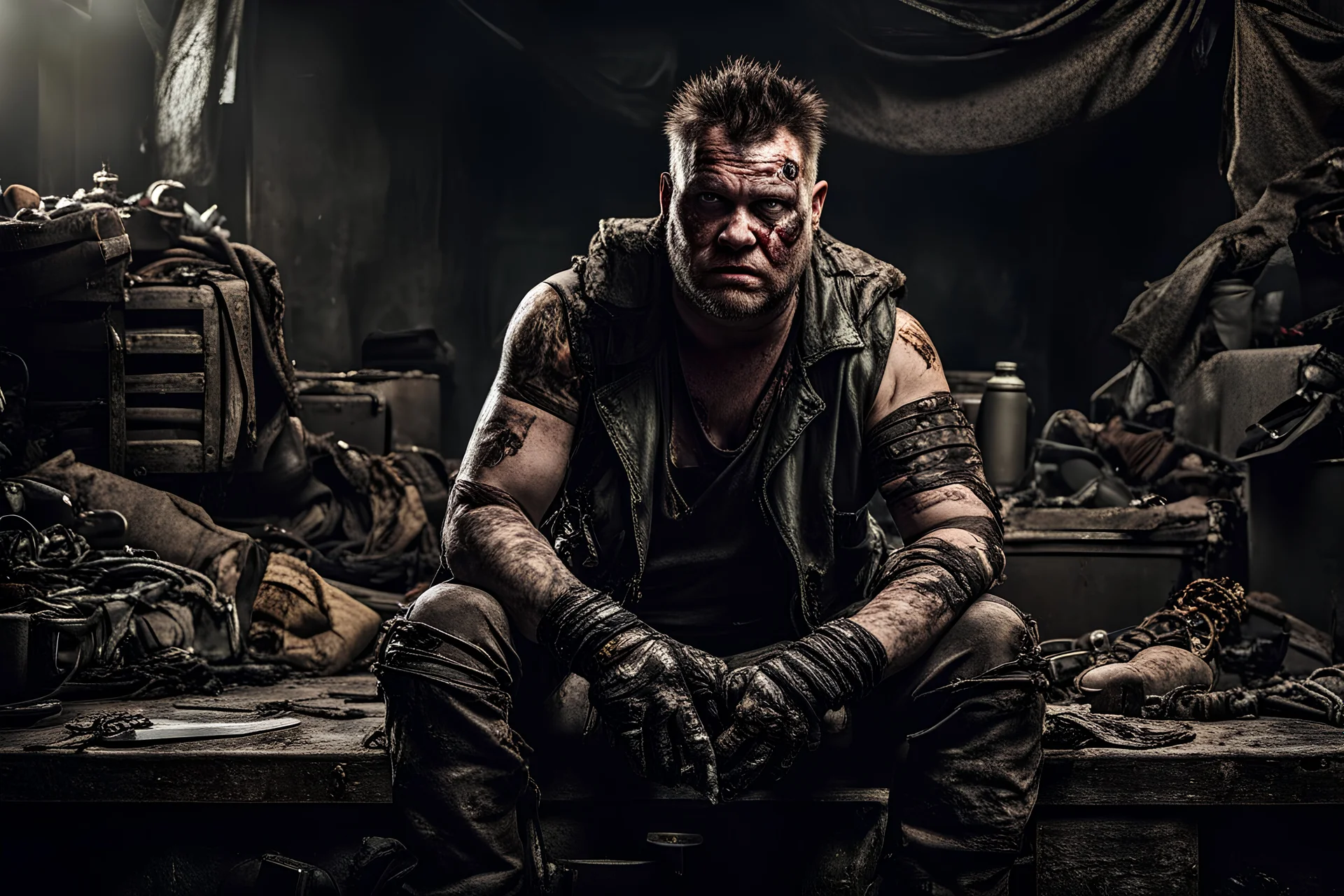 in einer postapokalyptischen Zukunft: mad max film style. ein fetter, häßlicher, schmieriger kerl mit tattoos, Narben, detaillierte zerissene und sehr dreckige Kleidung aus Schrott und Müll, Metallteilen, Gürteln, Taschen, Nägeln, Schläuchen. dreckige stiefel. sitzt in einem düsteren Keller, zeigt mit hand zur Seite. böses lachen. in postapokalyptischer Umgebung. extrem lebensechter Fotorealismus, improvisierte maske, düstere Stimmung, düsteres blaues licht. alles ist kaputt, dreckig und rostig.