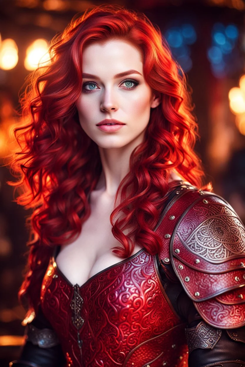 detailed eyes, pale skin, carefree attitude, female gorgeous, red wavy shoulder length hair, detailed glowing magical pattern leather clothing, glowing ruby implanted on armor, 8k, high detail, tavern stage background, playing music, medieval, looking at viewer, front facing