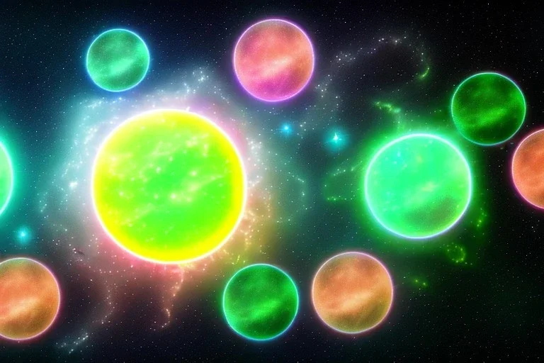 cosmos, sky stars, sky blue light, light, multiple green moons with neon rings