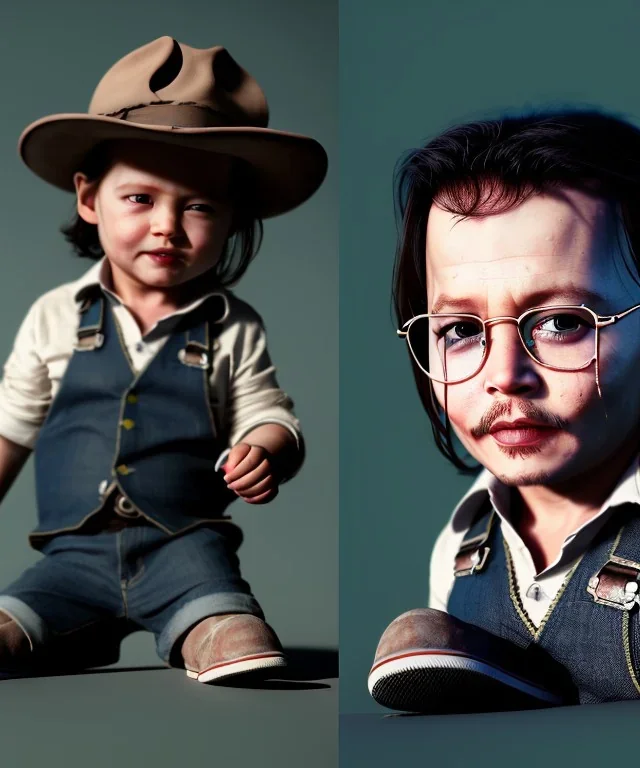 Johnny Depp toddler, full body, shoe, car, dramatic lighting, hyper realistic