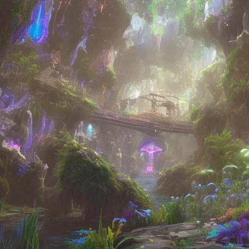  scifi landscape, bioluminsescent plants, 8k resolution, dynamic lighting, ultra hyperdetailed, waterfalls, ultra colourful flovers,, very small details, realistic.