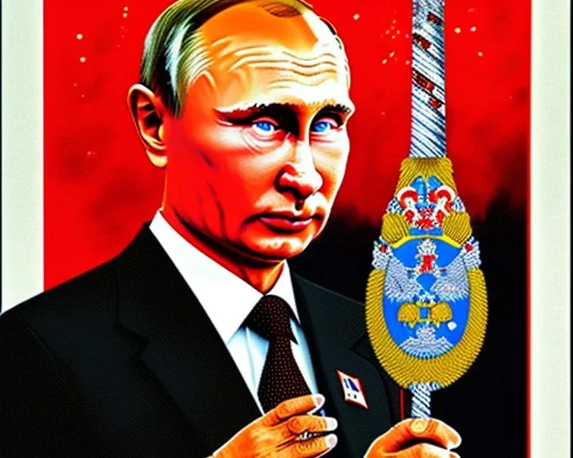 Russia president satan Vladimir Putin, evil fangs, blood and Moscow in fire atomic bomb cudgel