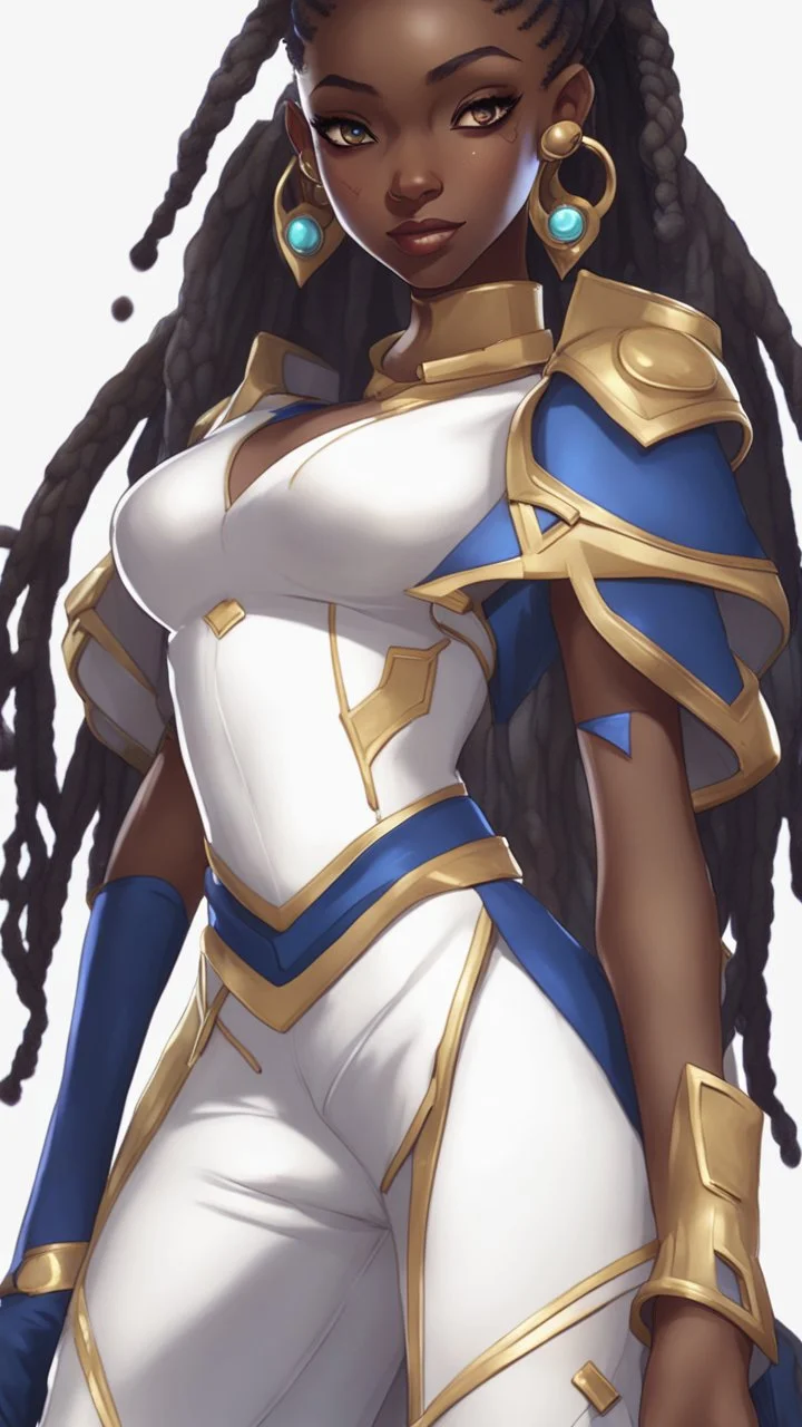 sci-fi, arcane animation series style, league of legends, Solo, 1girl, attractive female with freckles, african, dark skin, golden eyes, dark hair, braided dreadlocks, earrings, makeup, (detailed skin texture), white and indigo-blue suit