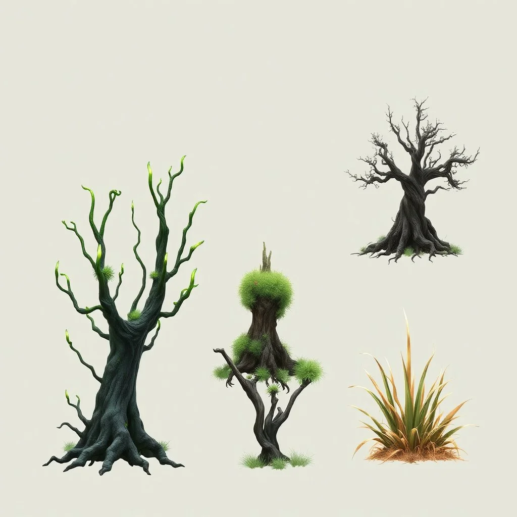 "Isolated concept art of multiple types of alien tree on a plain neutral background. Designed for different biomes: Forest biome – lush, dense, tall grass with strange broad blades, glowing tips, and twisted leaves. Swamp biome – slimy, wet, moss-like grass with tangled roots, bioluminescent details, and spongy textures. Desert biome – dry, spiky, brittle grass with sharp edges, thorn-like blades, and pale dusty colors. Each grass type should have a unique silhouette and texture.