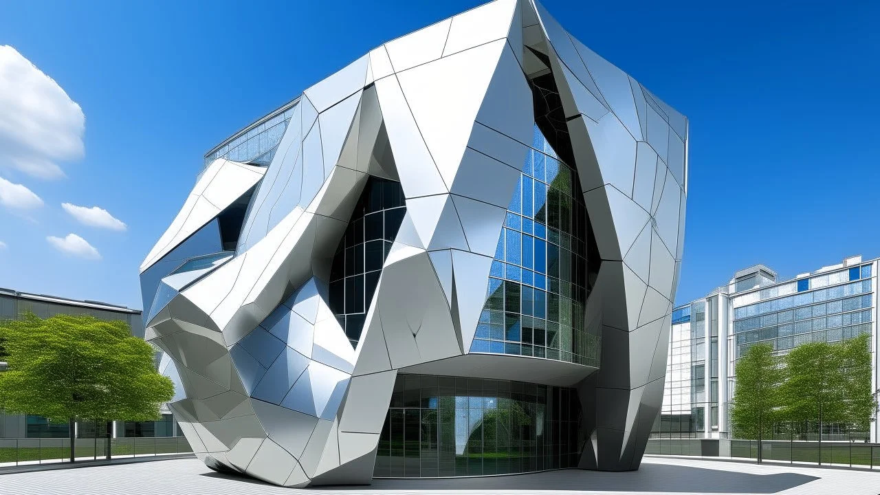 Palacio de exposiciones, inspirado en Kazuo Shinohara, construido principalmente en Aluminio expandido, composición basada en geometría rotacional , representado como pintura arquitectónica gestual.